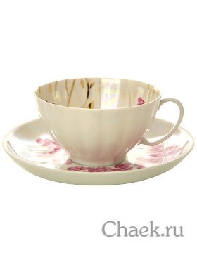 Фарфоровая чашка с блюдцем форма &quot;Белый лебедь&quot; рисунок &quot;Розовая сирень&quot;, Дулевский фарфор