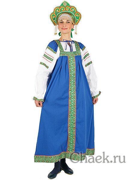 Русский сарафан "Забава" - синий сарафан и блузка XS-L
