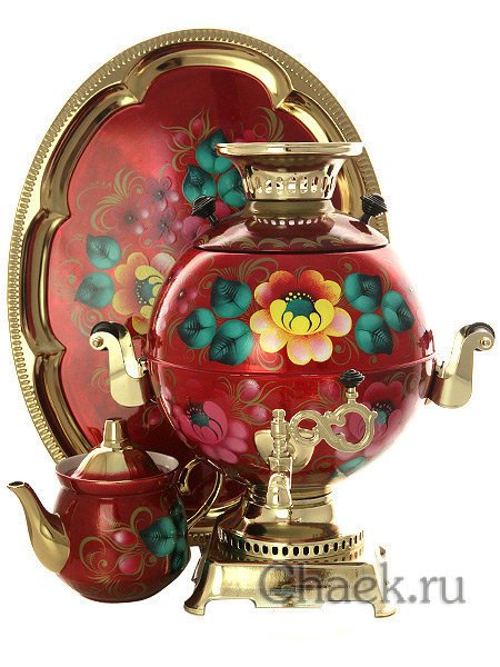 Набор самовар электрический 5 литров с художественной росписью "Жостово на красном фоне", арт. 140250