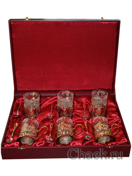 Набор подарочный с подстаканниками "Вокзалы Москвы" с позолотой Кольчугино