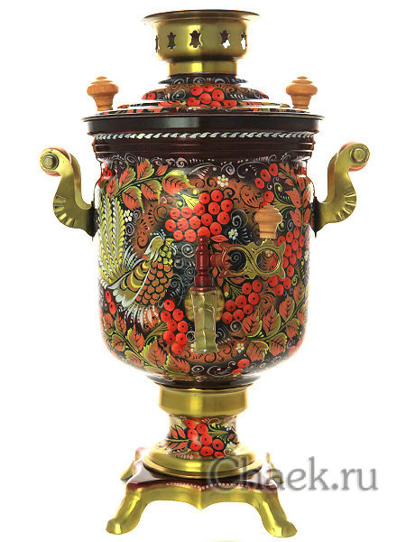 Самовар электрический 3 литра в наборе с чайным сервизом "Хохлома на двойном фоне"