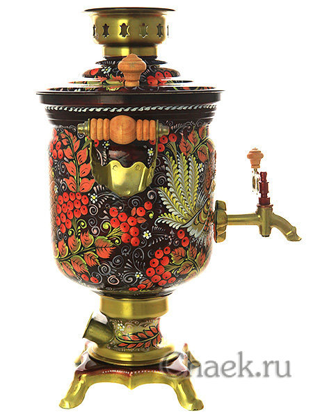 Самовар электрический 3 литра в наборе с чайным сервизом "Хохлома на двойном фоне"