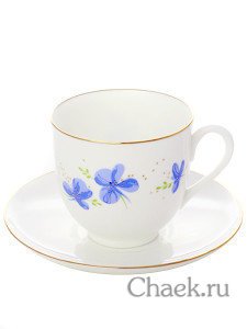 Кофейная пара форма Ландыш рисунок Голубые цветы Императорский фарфоровый завод