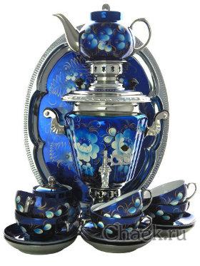 Самовар электрический 3 литра в наборе с чайным сервизом &quot;Цветы на синем фоне&quot; арт. 110591с
