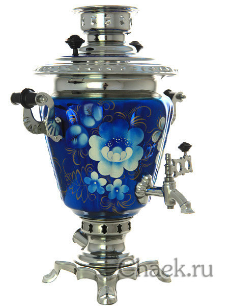 Самовар электрический 3 литра в наборе с чайным сервизом "Цветы на синем фоне" арт. 110591с