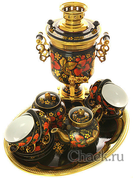 Набор самовар с автоотключением электрический 3 литра с художественной росписью "Хохлома рыжая" с чайным сервизом, арт. 140256с