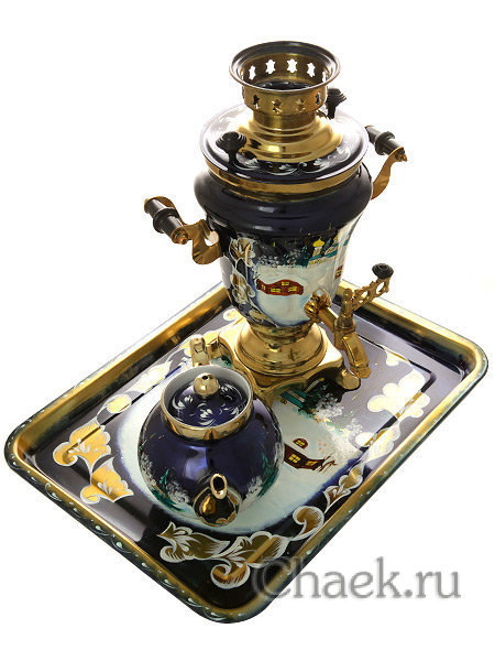 Набор самовар электрический 1,5 литра с художественной росписью "Зимняя деревня (церковь)", арт. 130261