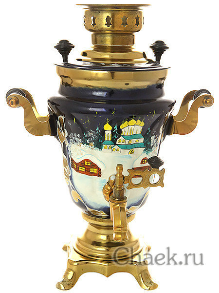 Набор самовар электрический 1,5 литра с художественной росписью "Зимняя деревня (церковь)", арт. 130261