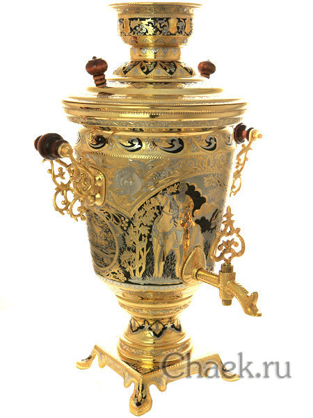 Электрический самовар 4 литра желтый с позолотой и ручной гравировкой "Встреча"