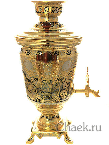 Электрический самовар 4 литра желтый с позолотой и ручной гравировкой "Встреча"