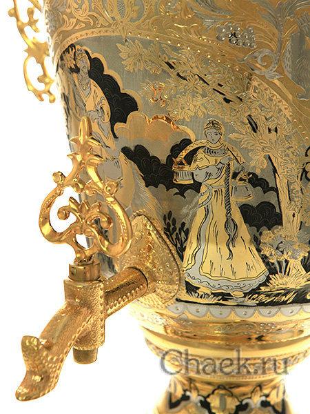 Электрический самовар 4 литра желтый с позолотой и ручной гравировкой "Встреча"