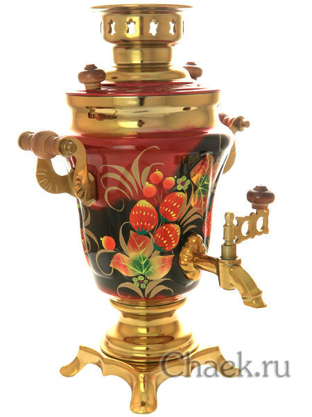 Электрический самовар 1,5 литра с художественной росписью "Земляника на бордовом фоне" арт. 110589