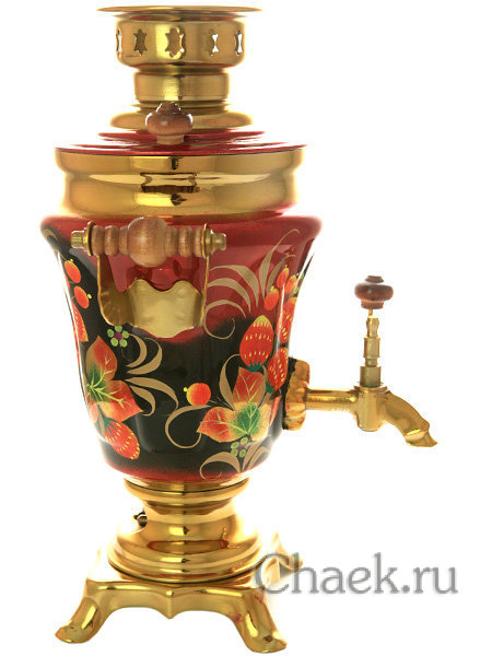 Электрический самовар 1,5 литра с художественной росписью "Земляника на бордовом фоне" арт. 110589