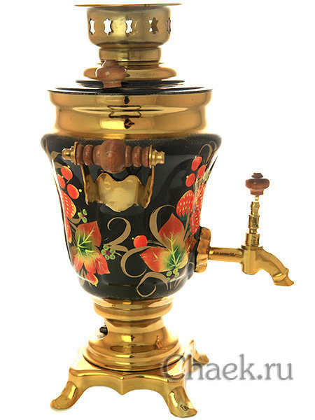 Электрический самовар 1,5 литра с художественной росписью "Земляника на черном фоне" арт. 110588