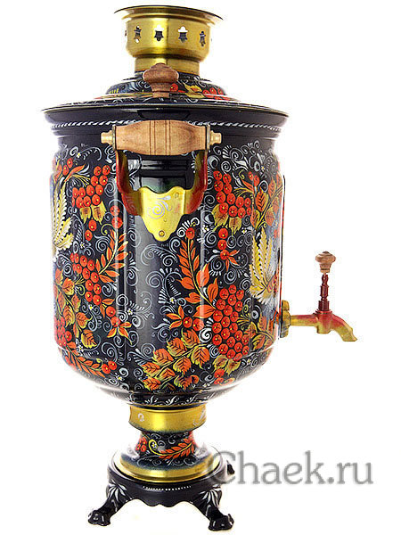 Набор самовар электрический 10 литров с художественной росписью "Хохлома на синем фоне мелкая", арт. 110231