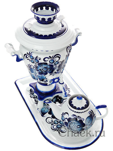 Самовар электрический 3 литра с росписью "Гжель" в наборе с чайником и подносом, арт. 130309