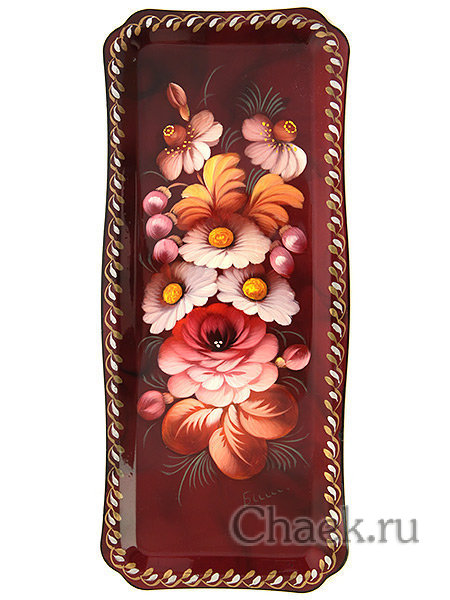 Поднос с художественной росписью "Цветы на бордовом фоне", прямоугольный малый, арт. 5010