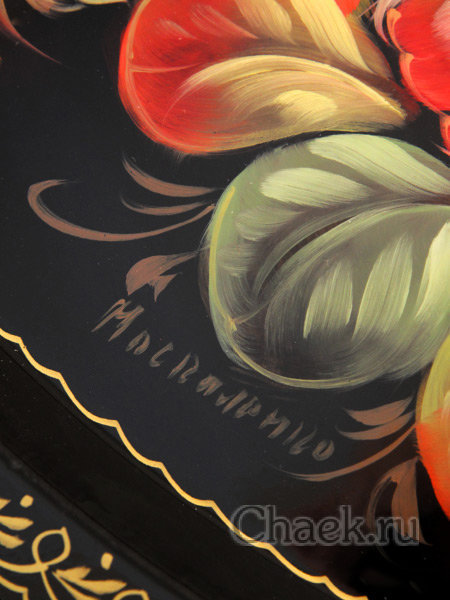 Поднос с художественной росписью "Цветы на черном фоне", овал с фигурным краем, арт. 9005