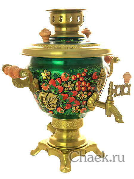 Набор самовар электрический 2 л с росписью "Клубника на зеленом фоне" арт.103570