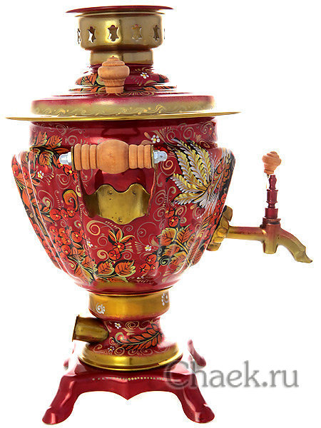 Набор самовар электрический 2 л с художественной росписью "Хохлома на красном фоне мелкая (рябинка)", арт. 131389