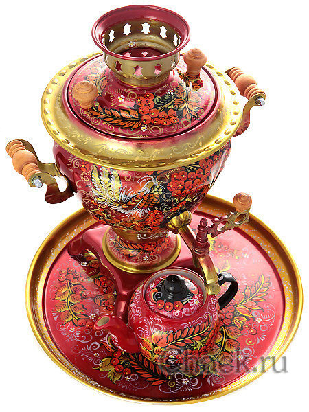 Набор самовар электрический 2 л с художественной росписью "Хохлома на красном фоне мелкая (рябинка)", арт. 131389