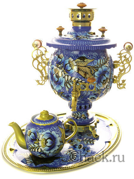 Комбинированный самовар 4,5 л с росписью "Кружево" в наборе с подносом и чайником
