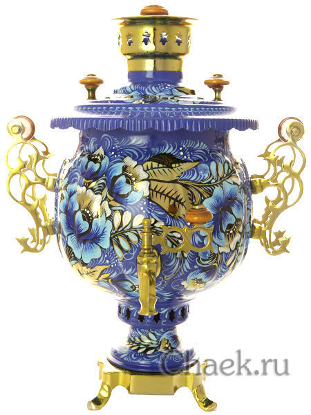 Комбинированный самовар 4,5 л с росписью "Кружево" в наборе с подносом и чайником