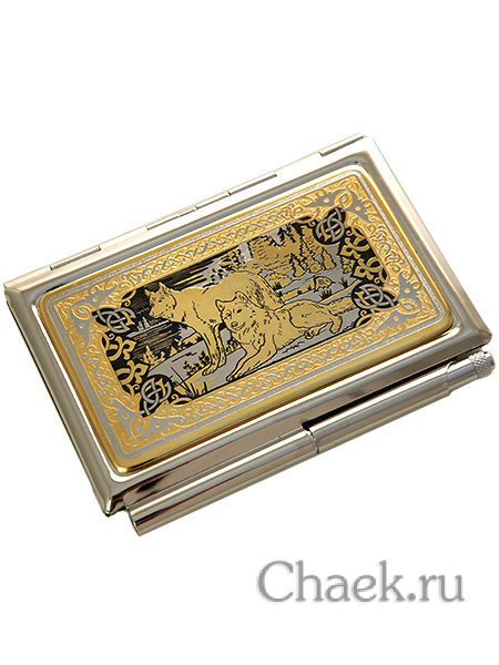 Визитница "Волки" с ручкой в подарочном футляре, Златоуст