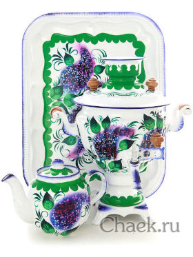 Набор самовар электрический 2 литра с чайником с художественной росписью &quot;Сирень на белом фоне&quot;, арт. 110327