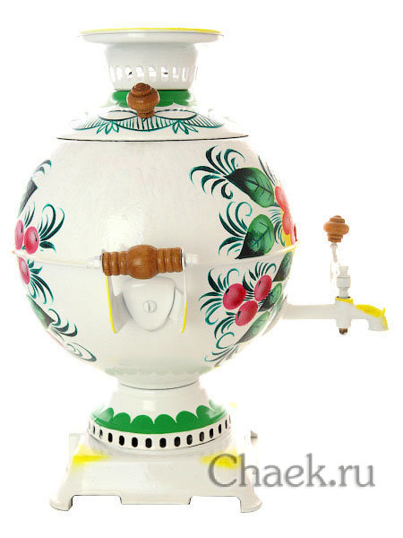 Электрический самовар 5 литров с художественной росписью "Жостово на белом фоне", "шар", арт. 110490 Электрический самовар 5 литров с художественной росписью "Жостово на белом фоне", "шар", арт. 110490