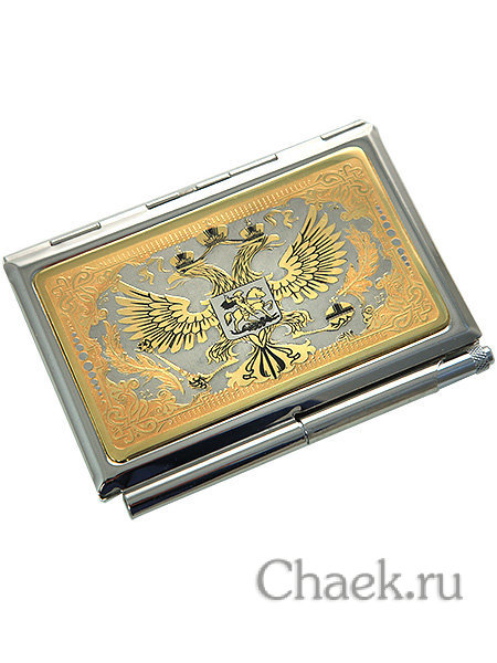 Визитница "Герб России" с ручкой в подарочном футляре, Златоуст
