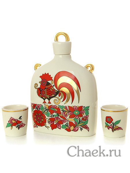 Подарочный набор для вина 3-х предметный форма Славянский рисунок Красный Петух Императорский фарфоровый завод