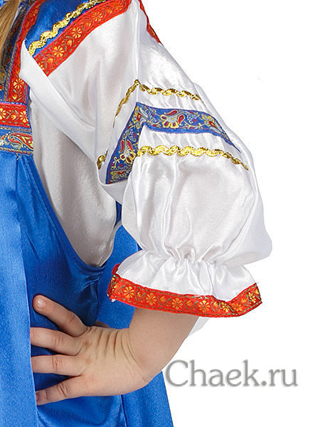 Женский народный костюм "Василиса" детский атласный синий сарафан и блузка 7-12 лет