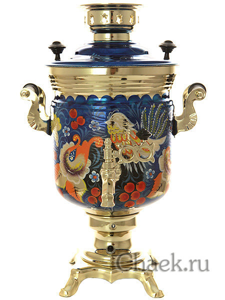 Электрический самовар в наборе 3 литра с росписью "Хохлома на синем фоне мелкая" с автоотключением, арт. 130472к