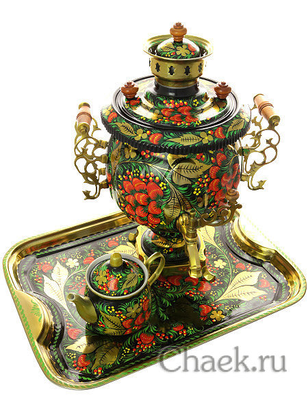 Комбинированный самовар 4,5 л шар с росписью "Хохлома классическая" в наборе с подносом и чайником