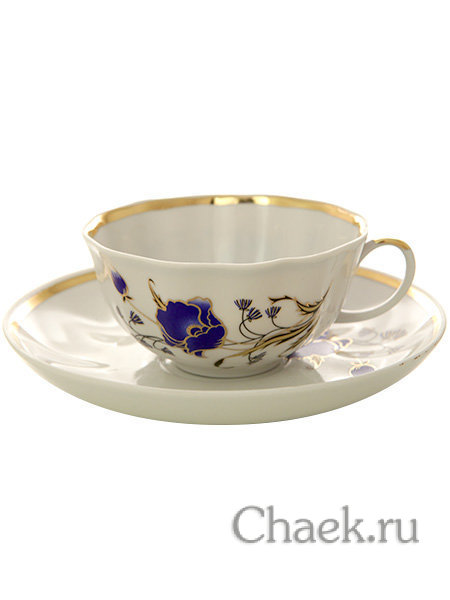 Дулевский чайный сервиз форма "Тюльпан" рисунок "Синий мак" 6/15