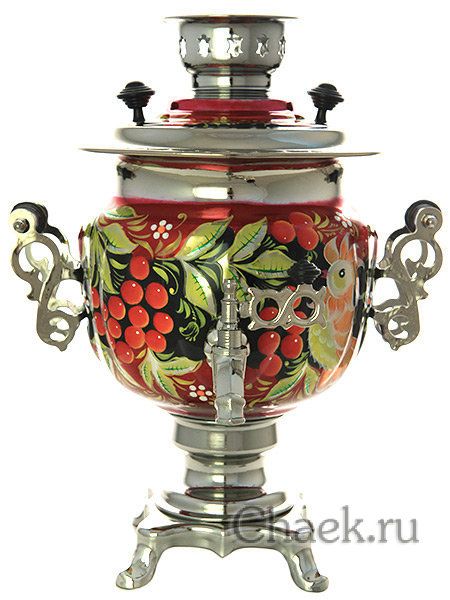 Набор самовар электрический 3 л с росписью "Птицы в рябине на бордовом" арт. 130587