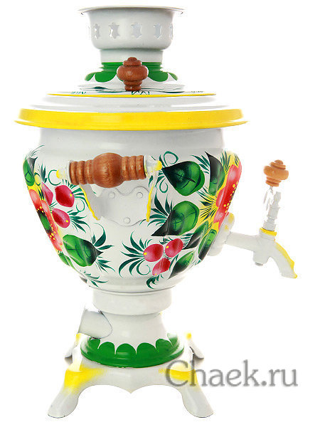 Электрический самовар 2 литра расписной с художественной росписью "Жостово на белом фоне", арт. 140212