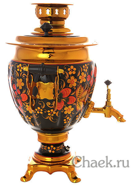 Электрический самовар в наборе 3 литра с художественной росписью "Хохлома рыжая" с автоматическим отключением при закипании, арт. 130312а