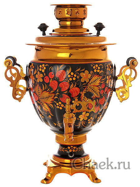 Электрический самовар в наборе 3 литра с художественной росписью "Хохлома рыжая" с автоматическим отключением при закипании, арт. 130312а