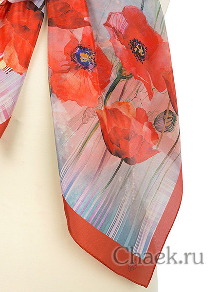 Платок из шелка (крепдешин) Павлопосадский "Маковое поле", 89*89 см, арт. 10087-3