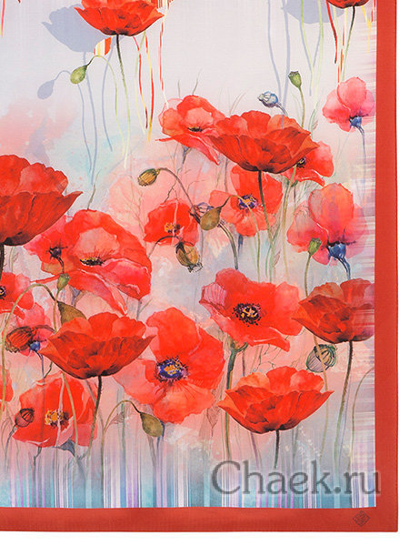 Платок из шелка (крепдешин) Павлопосадский "Маковое поле", 89*89 см, арт. 10087-3