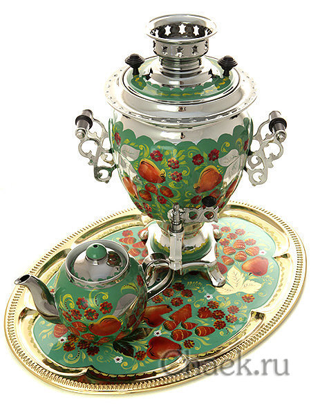 Электрический самовар в наборе 3 литра с художественной росписью "Яблоки на зеленом фоне" с автоматическим отключением при закипании, арт. 130466к