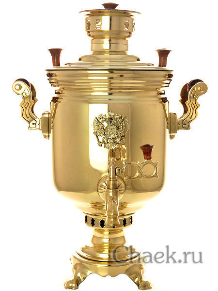 Комбинированный самовар 5 л латунный цилиндр с накладным гербом в наборе