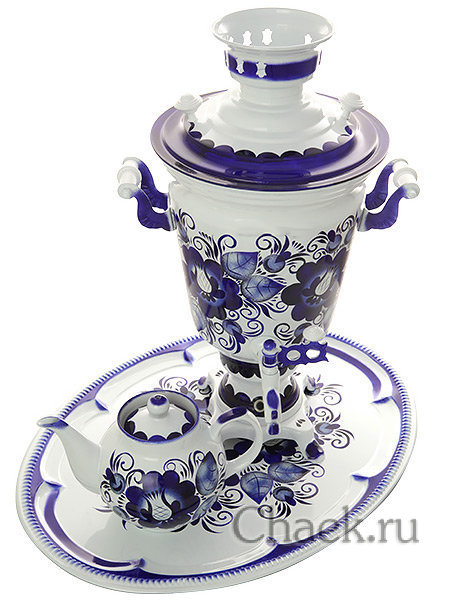 Электрический самовар в наборе 4 литра с художественной росписью "Гжель" с автоматическим отключением при закипании, арт. 130702к