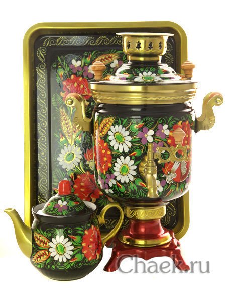 Набор самовар электрический 3 литра с росписью "Маки ромашки на черном", арт. 144549