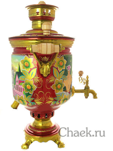 Комбинированный самовар 5 л с росписью  "Купчиха" в наборе с подносом и чайником