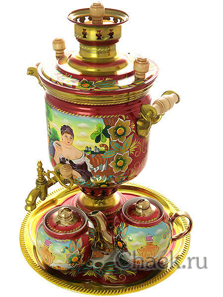 Комбинированный самовар 5 л с росписью  "Купчиха" в наборе с подносом и чайником