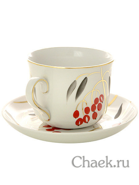 Фарфоровая чашка с блюдцем форма "Ностальгия" рисунок "Кизил", Дулевский фарфор