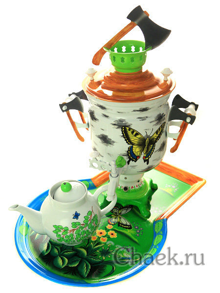 Набор самовар электрический 3 литра с художественной росписью "Березовый пенек" с автоматическим отключением при закипании